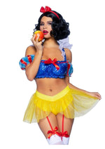 Load image into Gallery viewer, Leg Avenue Bad Apple Snow White, Shimmer Halter Bandeau with Organza Puff Sleeves and Ruffle Collar, Garter Panty with Shimmer Sheer Skirt, and Matching Bow Headband - Multicolor - XSmall - 3 Piece