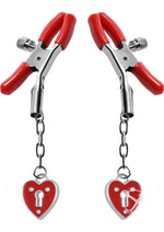 Load image into Gallery viewer, Master Series - Crimson Tied Charmed Heart Padlock Nipple Clamps - Red