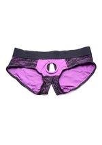 Load image into Gallery viewer, Strap U Lace Envy Lace Crotchless Panty Harness - Black/Purple - XXLarge