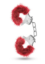 Load image into Gallery viewer, Temptasia Plush Fur Cuffs - Burgundy/Metal/Red