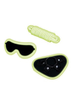 Load image into Gallery viewer, WhipSmart Glow In The Dark Strap-On Harness Set with Eye Mask and Bondage Rope - Glow In The Dark/Green - 4 Piece