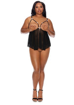 Load image into Gallery viewer, Barely Bare Cupless Babydoll and Open Thong - Black - Plus Size/Queen
