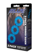 Load image into Gallery viewer, Blue Line Ribbed Rider Cock Ring - Blue - 3 Pack
