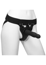 Load image into Gallery viewer, Body Extensions Be Aroused Silicone Strap-On Rechargeable Vibrating Harness with Slim Dildo and Remote - Black - 7in - 2 Piece Set
