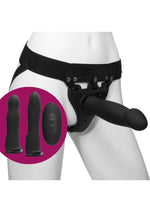 Load image into Gallery viewer, Body Extensions Be Naughty Silicone Strap-On Rechargeable Vibrating Harness with 2 Hollow Dildos and Remote - Black - 7.5in/7in - 4 Piece Set
