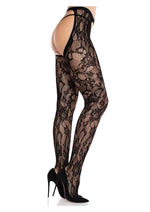 Load image into Gallery viewer, Eyelet Rose Lace Crotchless Tights with Cheeky Open Back - Black - One Size
