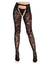 Load image into Gallery viewer, Eyelet Rose Lace Crotchless Tights with Cheeky Open Back - Black - One Size
