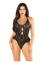 Load image into Gallery viewer, Floral Lace Halter Bodysuit with Mini Bow and Flutter Accent - Black - One Size

