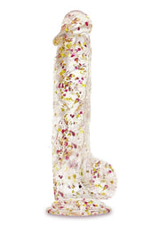 Glittergasm Realistic Clear Dildo with Balls and Suction Cup - Red/Orange/Golden Glitter - Gold/Orange/Red