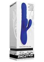 Load image into Gallery viewer, Grand Slam Thrusting and Twirling Rechargeable Silicone Vibrator with Clitoral Stimulator - Blue
