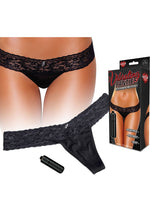 Load image into Gallery viewer, Hustler Toys Vibrating Panties Panty Vibe Lace Thong with Hidden Vibe Pocket - Black - Medium/Small