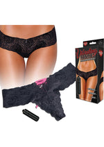 Load image into Gallery viewer, Hustler Toys Vibrating Panties Panty Vibe Lace Up Back Thong with Hidden Vibe Pocket - Black - Medium/Small