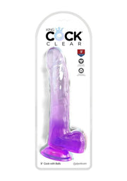 King Cock Clear Dildo with Balls - Clear/Purple - 9in