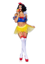 Load image into Gallery viewer, Leg Avenue Bad Apple Snow White, Shimmer Halter Bandeau with Organza Puff Sleeves and Ruffle Collar, Garter Panty with Shimmer Sheer Skirt, and Matching Bow Headband
