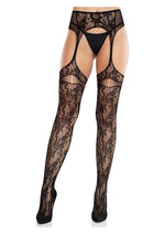 Load image into Gallery viewer, Leg Avenue Bloom Net Stockings with Cut-Out Thigh Detail and Attached Garter Belt - Black - One Size