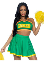 Load image into Gallery viewer, Leg Avenue Bring It Baddie Set Top with Cheer Logo, Pleated Skirt and Pom Pom - Green - XSmall - 3 Piece