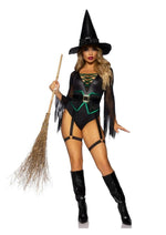 Load image into Gallery viewer, Leg Avenue Broomstick Babe Bodysuit with Lace Up Deep-V and Waist Cincher Buckle Accent, Attached Garters, and Witch Hat
