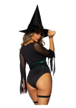 Load image into Gallery viewer, Leg Avenue Broomstick Babe Bodysuit with Lace Up Deep-V and Waist Cincher Buckle Accent, Attached Garters, and Witch Hat
