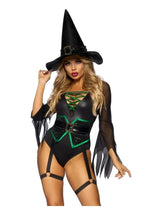 Load image into Gallery viewer, Leg Avenue Broomstick Babe Bodysuit with Lace Up Deep-V and Waist Cincher Buckle Accent, Attached Garters, and Witch Hat - Black - Small - 2 Piece
