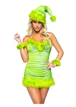 Load image into Gallery viewer, Leg Avenue Christmas Baddie Set Ruched Velvet Dress with Tie Back Halter Straps and Fur Trim, Wrist Cuffs, and Hat