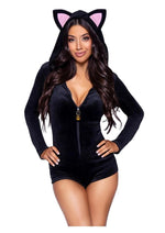 Load image into Gallery viewer, Leg Avenue Comfy Cat Ultra-Soft Velvet Plush Zip Up Romper with Bell Zipper Pull, Ear Hood, and Kitty Tail - Black - Small
