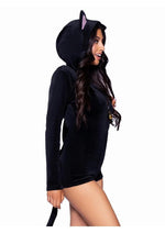 Load image into Gallery viewer, Leg Avenue Comfy Cat Ultra-Soft Velvet Plush Zip Up Romper with Bell Zipper Pull, Ear Hood, and Kitty Tail - Black - Small
