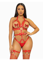 Load image into Gallery viewer, Leg Avenue Convertible Vegan Leather O-Ring Studded Harness Teddy with Panty, Straps, and Bow - Red - Medium
