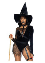 Load image into Gallery viewer, Leg Avenue Crafty Witch Snap Crotch Velvet Bodysuit with Distressed Net and Attached Garter, Choker Body Harness, and Matching Velvet Witch Hat - Black - Medium - 3 Piece
