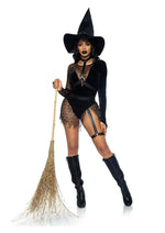 Load image into Gallery viewer, Leg Avenue Crafty Witch Snap Crotch Velvet Bodysuit with Distressed Net and Attached Garter, Choker Body Harness, and Matching Velvet Witch Hat
