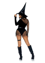 Load image into Gallery viewer, Leg Avenue Crafty Witch Snap Crotch Velvet Bodysuit with Distressed Net and Attached Garter, Choker Body Harness, and Matching Velvet Witch Hat
