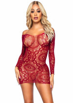 Load image into Gallery viewer, Leg Avenue Crochet Lace Long Sleeved Mini Dress - Burgundy/Red - One Size
