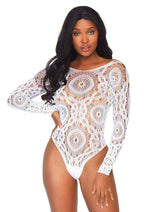 Load image into Gallery viewer, Leg Avenue Crochet Lace Long Sleeved Snap Crotch Thong Back Bodysuit - White - Medium/Small
