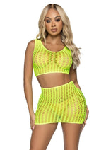 Load image into Gallery viewer, Leg Avenue Crochet Net Tank Crop Top and Mini Skirt - Neon Yellow/Yellow - One Size - 2 Pieces
