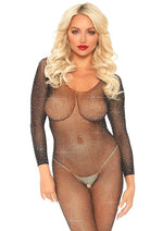 Load image into Gallery viewer, Leg Avenue Crystalized Seamless Fishnet Long Sleeved Bodysuit - Black - One Size

