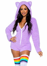 Load image into Gallery viewer, Leg Avenue Cuddle Kitty Ultra Soft Zip Up Romper with Cat Ear Hood and Tail - Lavender/Purple - Small
