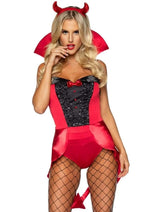 Load image into Gallery viewer, Leg Avenue Devilish Darling Tux and Tails Bodysuit with Stay Up Collar, Pin-On Devil Tail, and Sequin Devil Horn Headband
