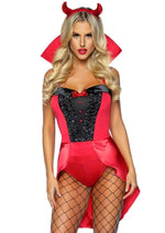 Load image into Gallery viewer, Leg Avenue Devilish Darling Tux and Tails Bodysuit with Stay Up Collar, Pin-On Devil Tail, and Sequin Devil Horn Headband - Red - Medium - 3 Piece
