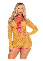 Load image into Gallery viewer, Leg Avenue Eyelet Net Mini Dress with Tie-Front Keyhole Detail and Shrug - One Size - 2 Piece