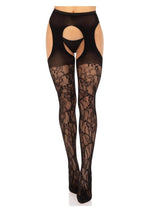 Load image into Gallery viewer, Leg Avenue Eyelet Rose Suspender Hose - Black - One Size