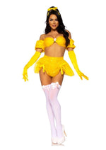 Load image into Gallery viewer, Leg Avenue Fairytale Beauty Glitter Shimmer Bra Top with Gathered Rosette Center and Puff Sleeves, High Waist Panty with Ribbon Pick-Up Skirt, Removable Clear Straps, and Matching Hair Ribbon
