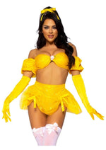 Load image into Gallery viewer, Leg Avenue Fairytale Beauty Glitter Shimmer Bra Top with Gathered Rosette Center and Puff Sleeves, High Waist Panty with Ribbon Pick-Up Skirt, Removable Clear Straps, and Matching Hair Ribbon - Yellow - Medium - 4 Piece
