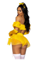 Load image into Gallery viewer, Leg Avenue Fairytale Beauty Glitter Shimmer Bra Top with Gathered Rosette Center and Puff Sleeves, High Waist Panty with Ribbon Pick-Up Skirt, Removable Clear Straps, and Matching Hair Ribbon
