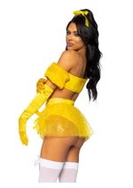 Load image into Gallery viewer, Leg Avenue Fairytale Beauty Glitter Shimmer Bra Top with Gathered Rosette Center and Puff Sleeves, High Waist Panty with Ribbon Pick-Up Skirt, Removable Clear Straps, and Matching Hair Ribbon - Yellow - Small - 4 Piece
