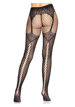 Load image into Gallery viewer, Leg Avenue Faux Garter Belt Fishnet Tights with Lace-Up Backseam
