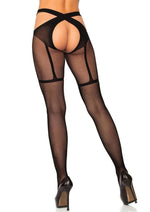 Load image into Gallery viewer, Leg Avenue Faux Garter Fishnet Wrap Around Crotchless Tights - Black - One Size
