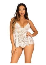 Load image into Gallery viewer, Leg Avenue Floral Lace Babydoll with Eyelash Lace Scalloped Hem Adjustable Cross-Over Straps and G-String Panty - White - Medium

