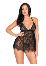 Load image into Gallery viewer, Leg Avenue Floral Lace Babydoll with Eyelash Lace Scalloped Hem Adjustable Cross-Over Straps and G-String Panty
