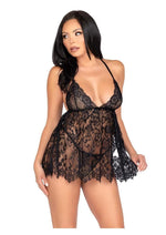 Load image into Gallery viewer, Leg Avenue Floral Lace Babydoll with Eyelash Lace Scalloped Hem Adjustable Cross-Over Straps and G-String Panty - Black - Small
