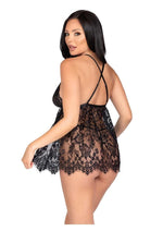 Load image into Gallery viewer, Leg Avenue Floral Lace Babydoll with Eyelash Lace Scalloped Hem Adjustable Cross-Over Straps and G-String Panty
