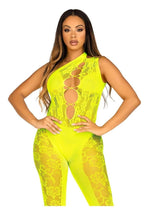 Load image into Gallery viewer, Leg Avenue Floral Lace Convertible Footless Bodystocking with Opaque Panel Detail - Neon Yellow/Yellow - One Size
